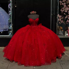 Princess Red Quinceanera Dress Strapless 3D Flowers with Bow