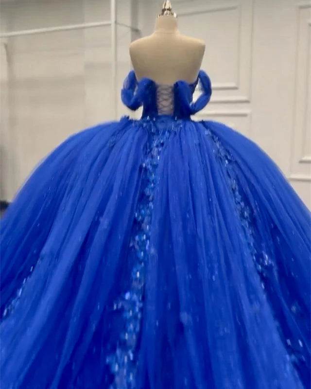 Princess Royal Blue Tulle Quinceanera Dresses Off Shoulder Appliques Dress Mychicdress