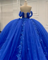 Princess Royal Blue Tulle Quinceanera Dresses Off Shoulder Appliques Dress Mychicdress