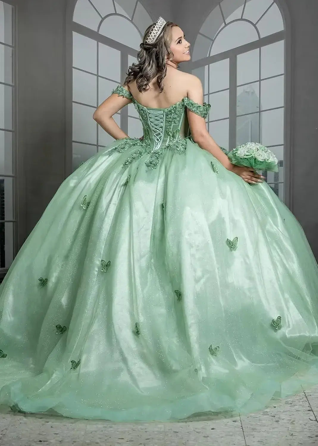 Ball Gown Princess Sage Green Quinceanera Dresses with Butterfly Flowers