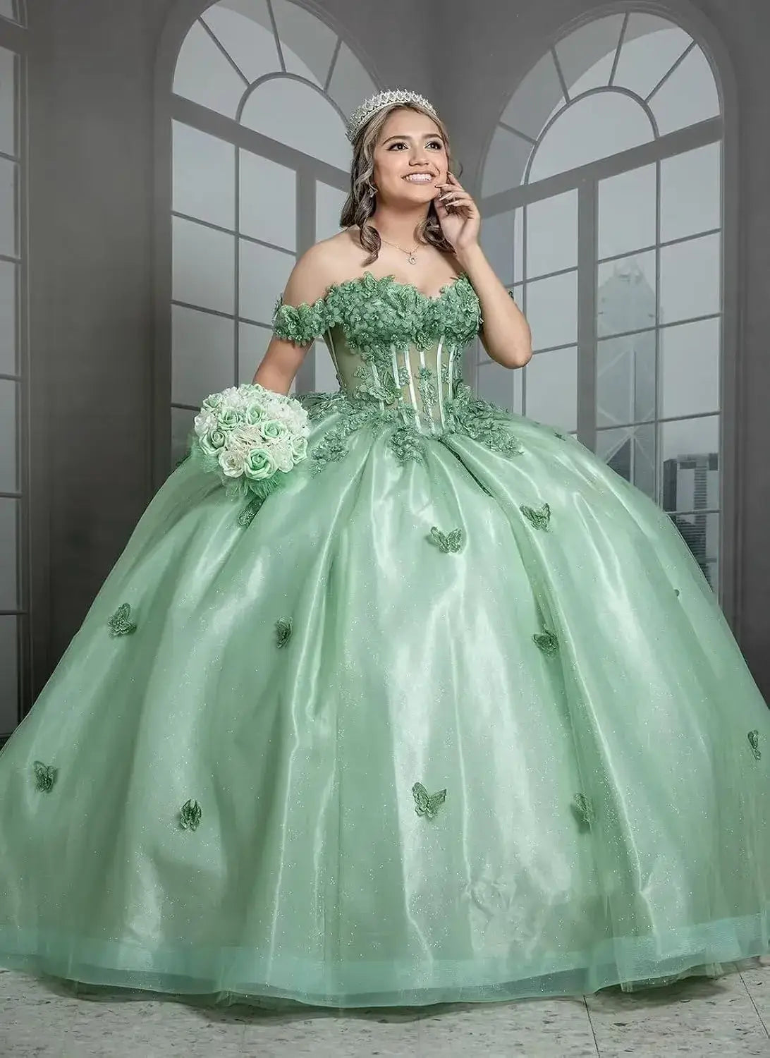 Ball Gown Princess Sage Green Quinceanera Dresses with Butterfly Flowers