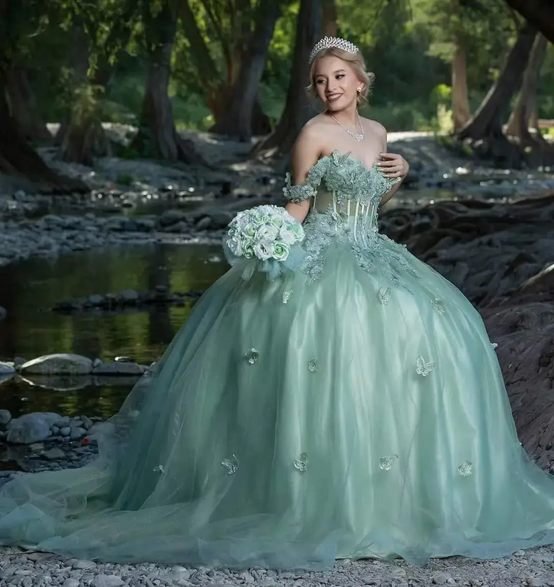 Ball Gown Princess Sage Green Quinceanera Dresses with Butterfly Flowers