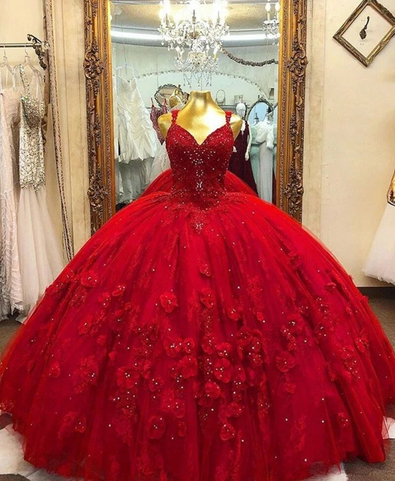 Princess red Sweet 16 Quinceanera Dresses with Flowers
