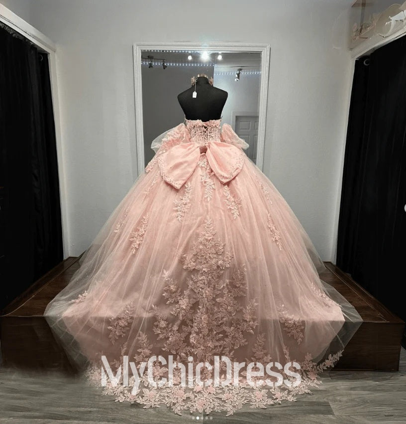 Princess Strapless Pink Quinceanera Dresses with Bow Tulle Sweetheart Mychicdress