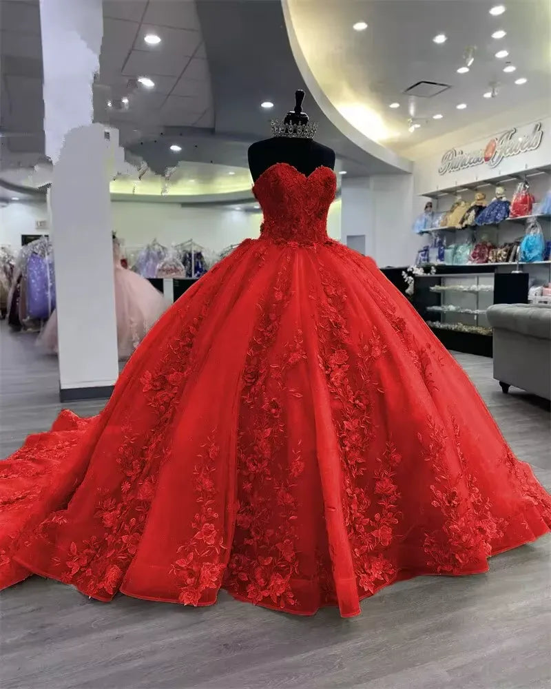 Princess Red Sweet 16 Quinceanera Dresses Beaded Appliques