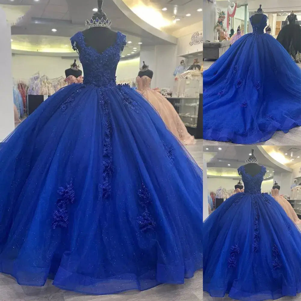 Princess XV Quinceanera Dresses Royal Blue with 3D Floral Beaded