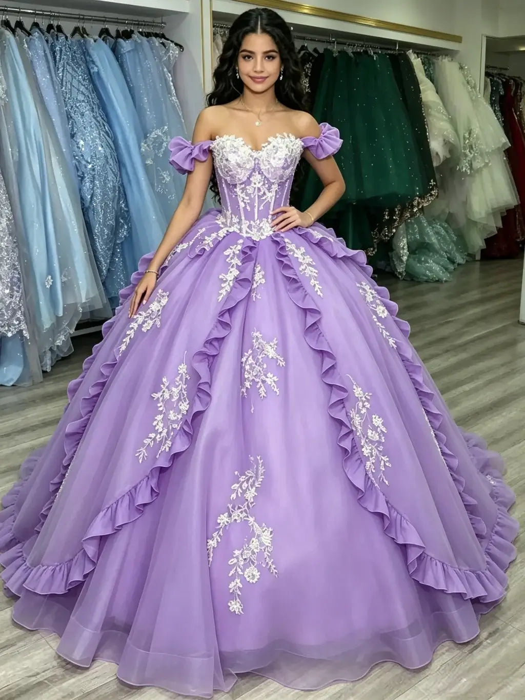 Priness Corset Lace Lavender Quinceanera Dresses Off Shoulder Sweet 16 Gown