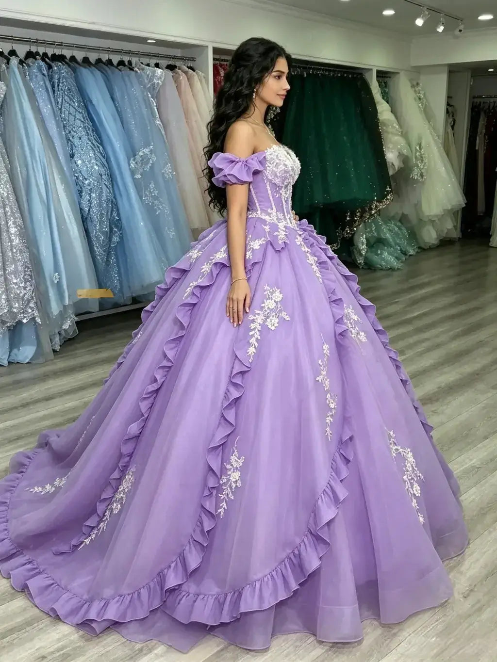 Priness Corset Lace Lavender Quinceanera Dresses Off Shoulder Sweet 16 Gown