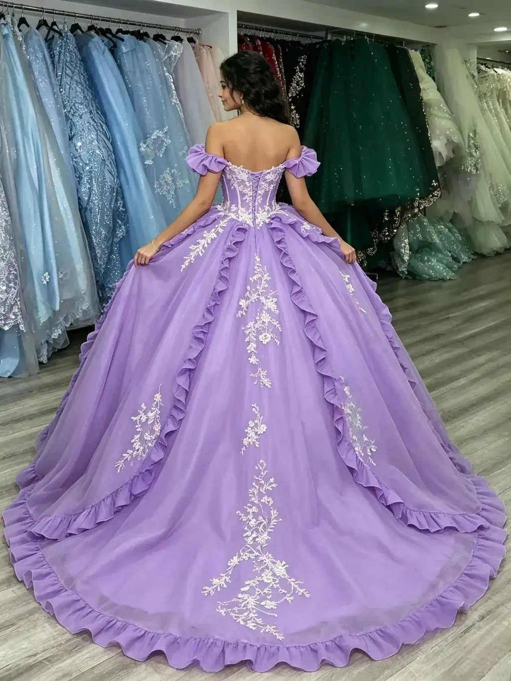Priness Corset Lace Lavender Quinceanera Dresses Off Shoulder Sweet 16 Gown