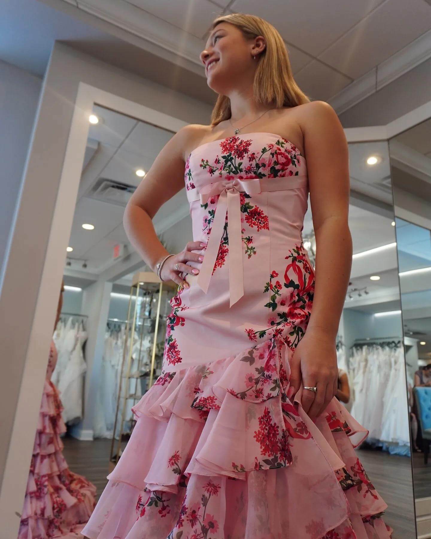 Print Strapless Pink Floral Prom Dress Ruffled Skirt Mermaid