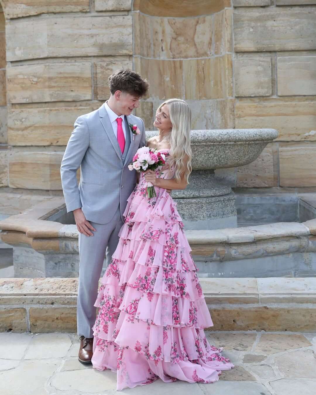 Unique Pink Floral Prom Dresses Strapless Corset Long Evening Gown