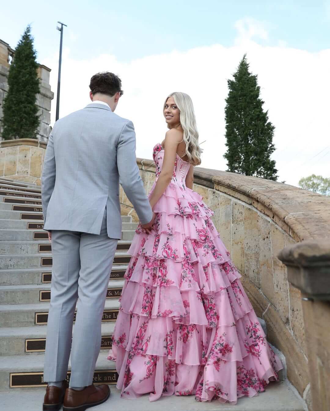 A-line Tiered Floral Pink Prom Dress US Sweetheart with Ruffles
