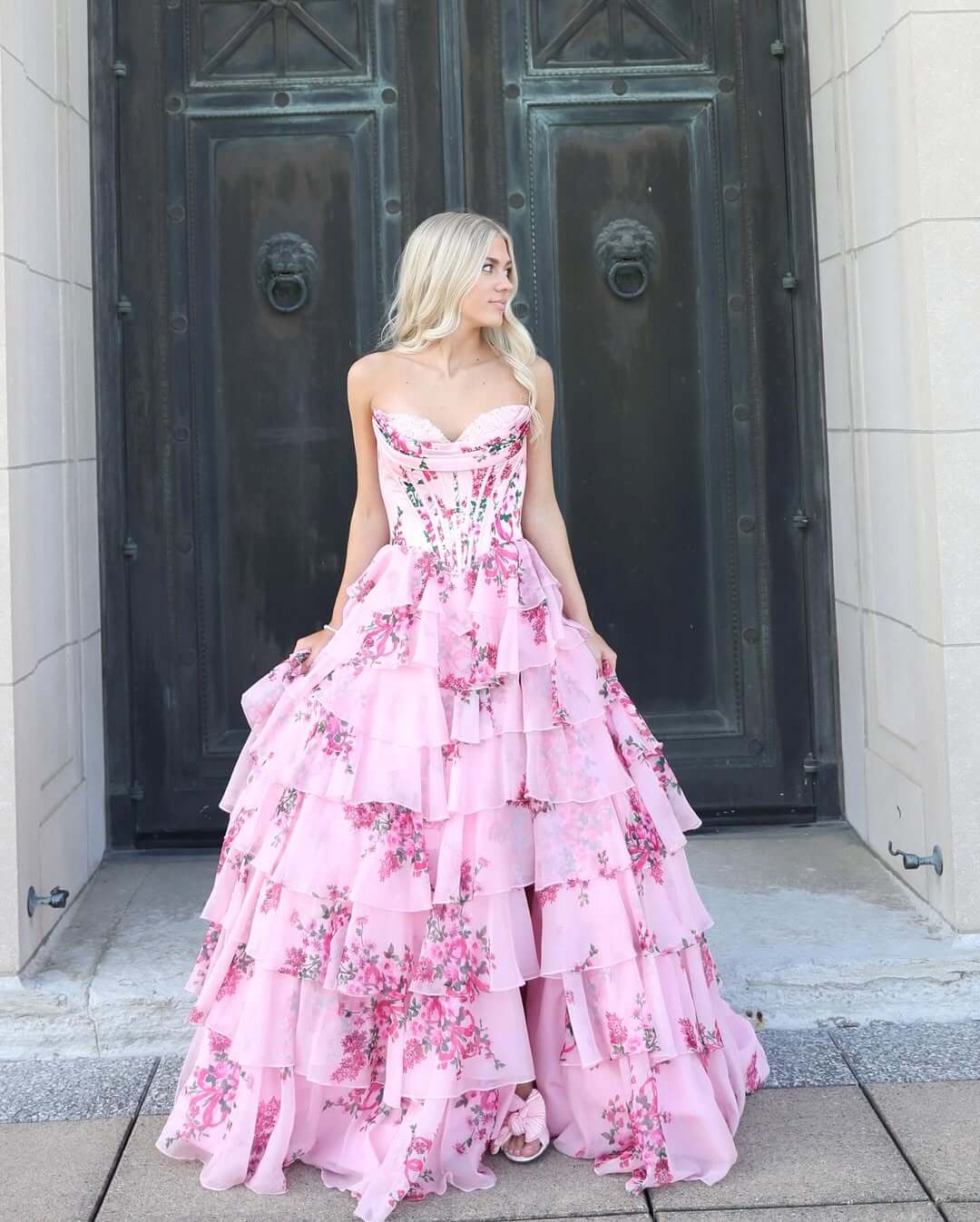 A-line Tiered Floral Pink Prom Dress US Sweetheart with Ruffles