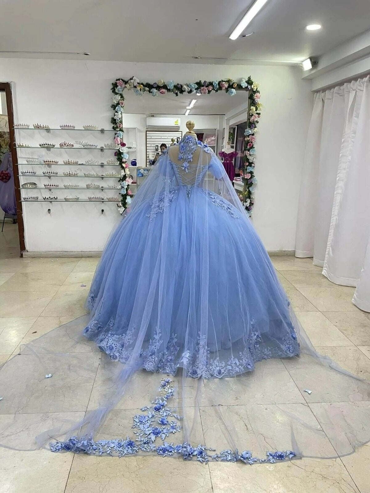 Puff Blue Sweet 15 16 Quinceanera Dresses Off Shoulder 3D Flowers