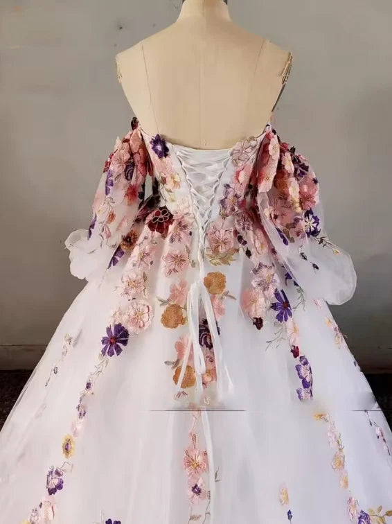 Puff Sleeves Floral Wedding Dress for Women Tulle 3D Flowers