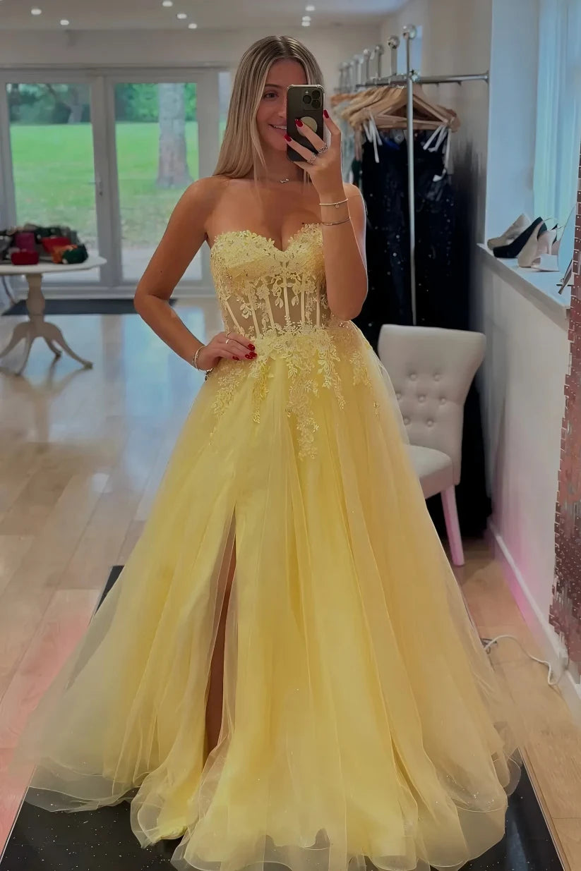 Puff Sleeves Yellow Lace Corset Prom Dress with High Slit