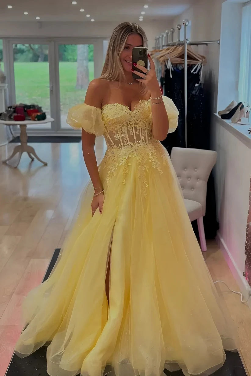 Puff Sleeves Yellow Lace Corset Prom Dress with High Slit