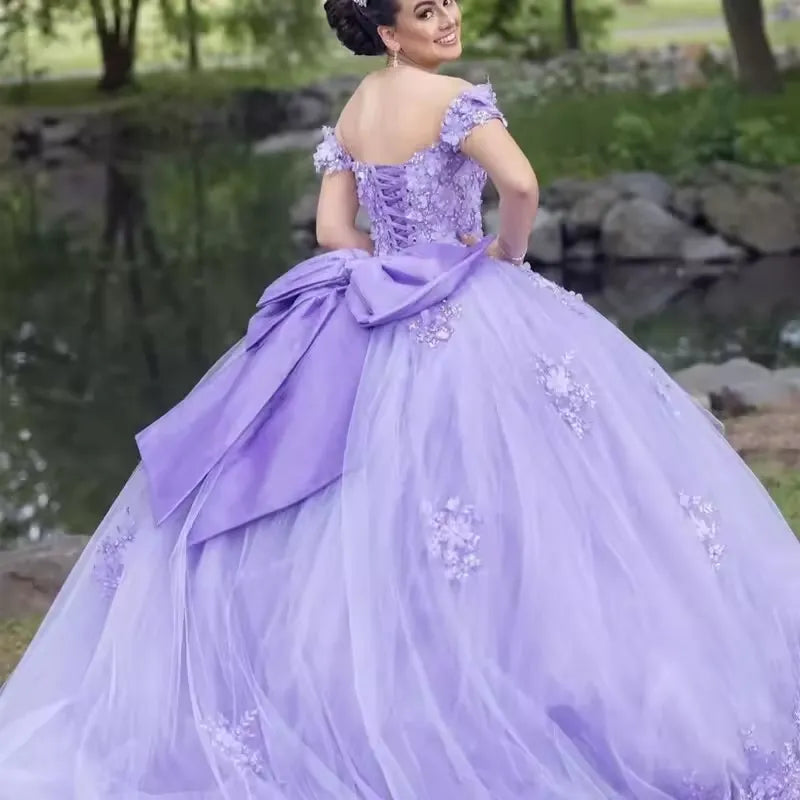 Puffy 3D Floral Purple Quinceanera Dress Ball Gown Tulle Sweet 16
