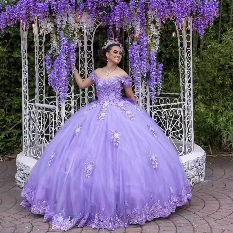 Puffy 3D Floral Purple Quinceanera Dress Ball Gown Tulle Sweet 16
