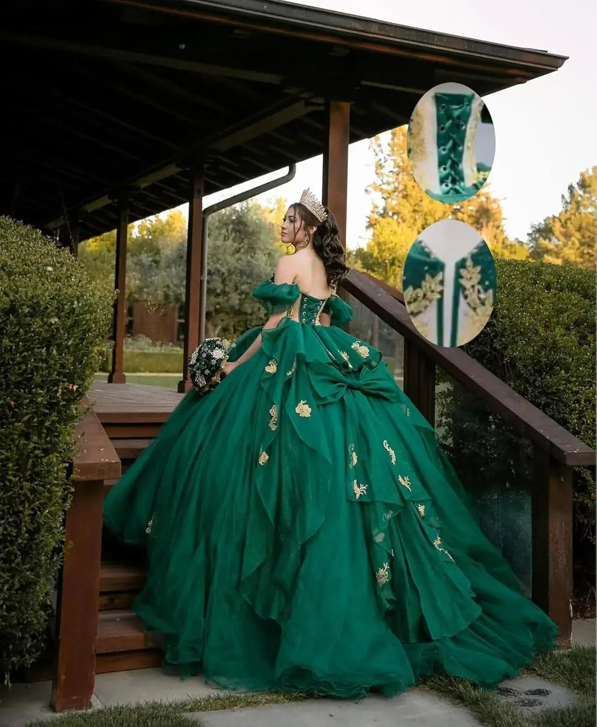 Puffy Emerald Green Gold Quinceanera Dress Corset Vestidos De 15 Años