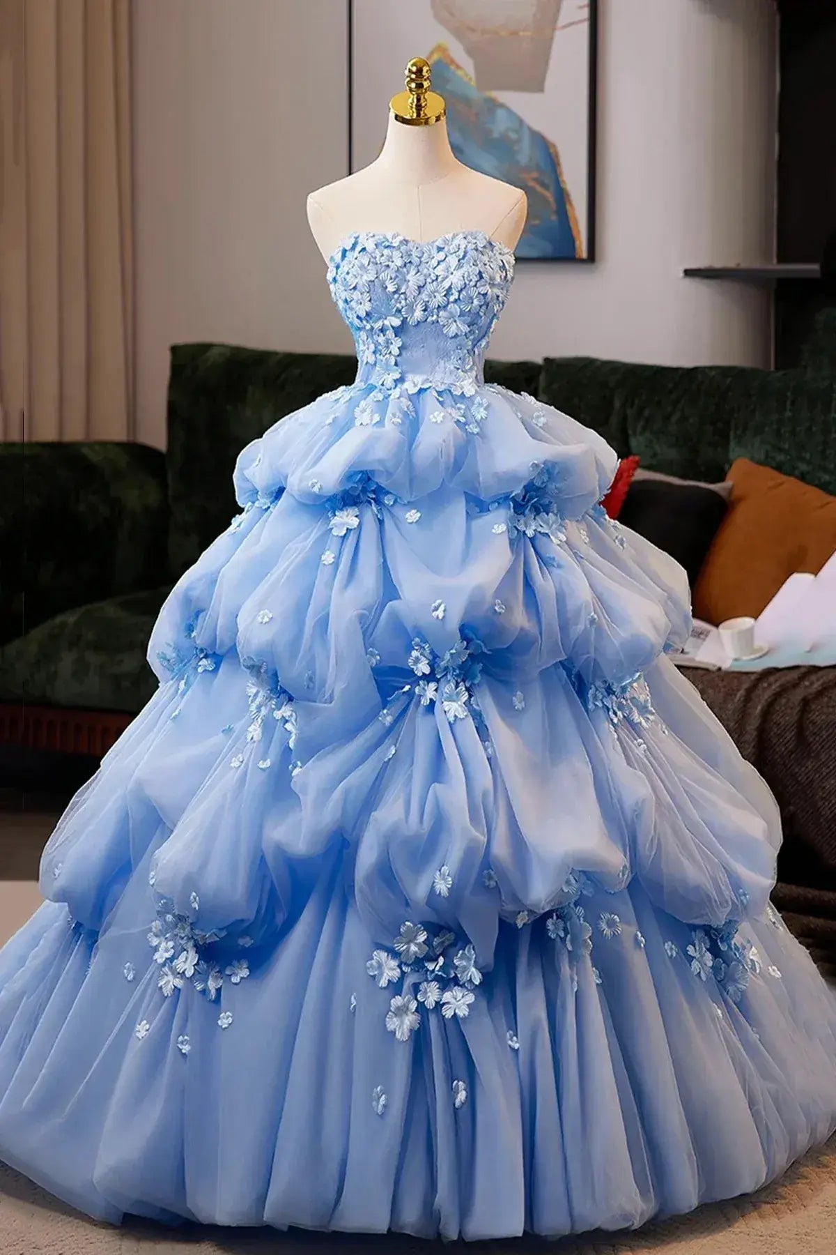 Puffy Flower Tulle Blue Sweet 16 Dress Strapless Ball Gowns