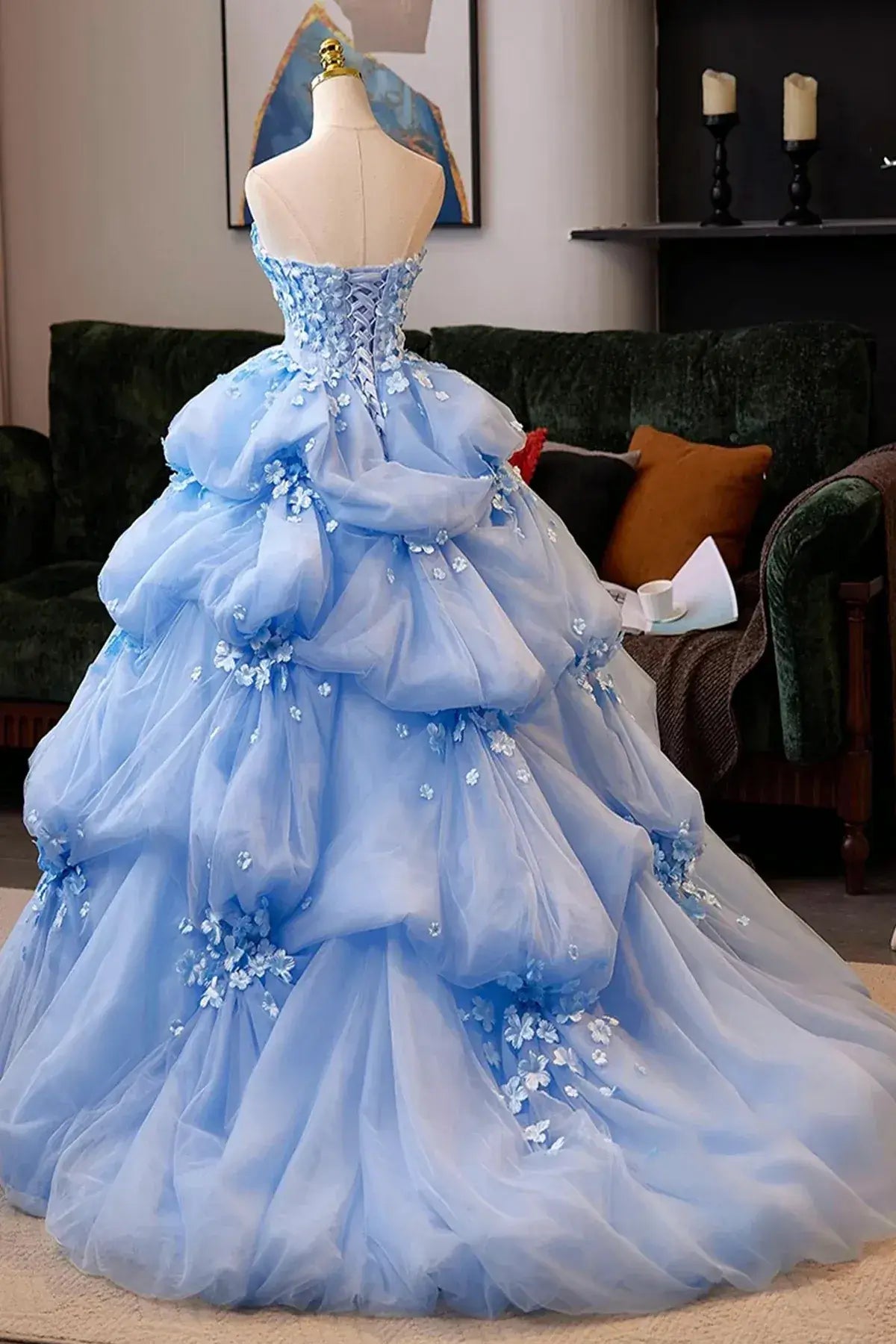 Puffy Flower Tulle Blue Sweet 16 Dress Strapless Ball Gowns