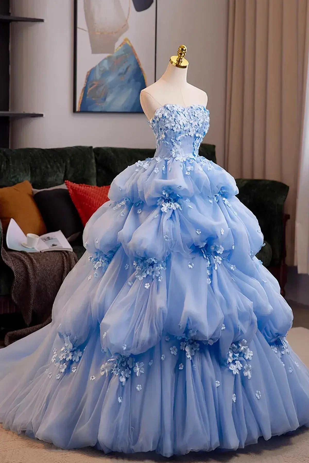 Puffy Flower Tulle Blue Sweet 16 Dress Strapless Ball Gowns