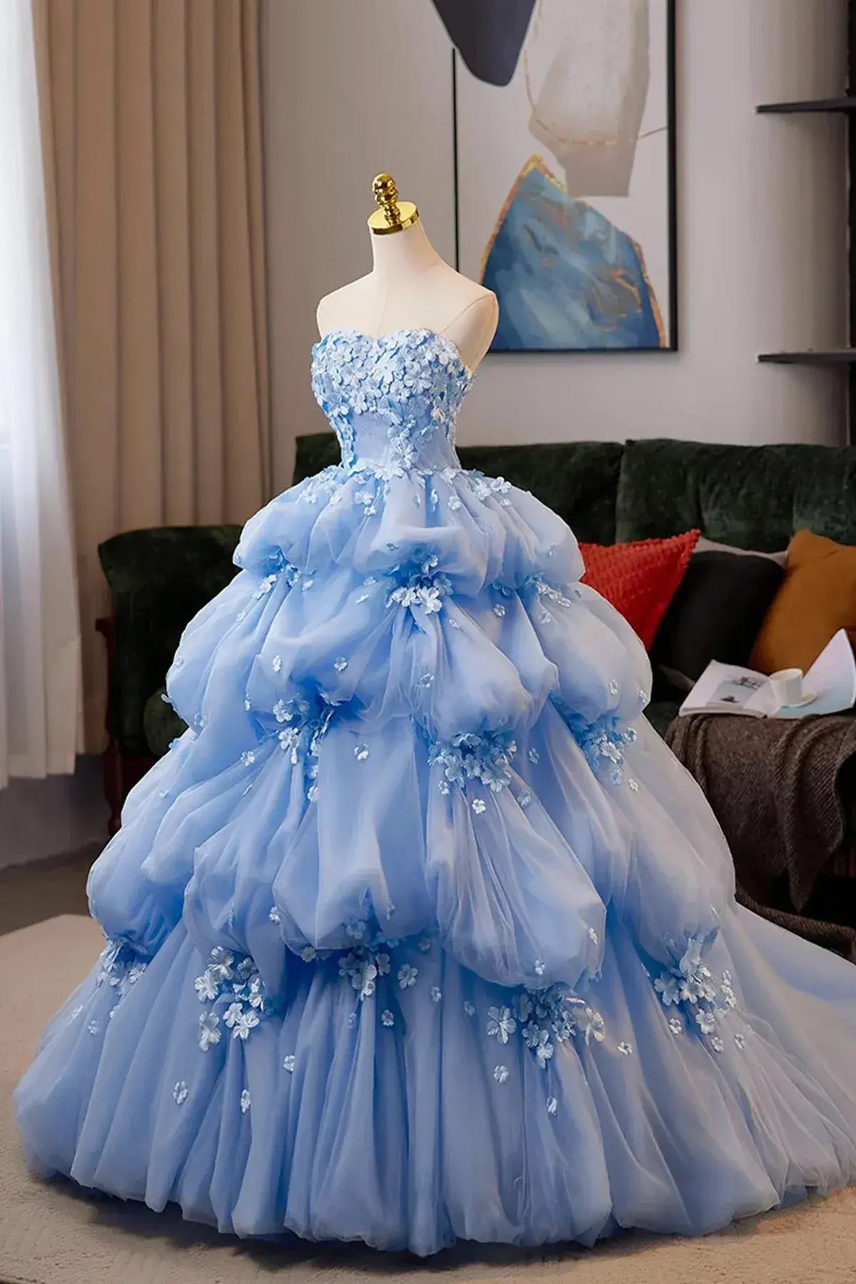 Puffy Flower Tulle Blue Sweet 16 Dress Strapless Ball Gowns