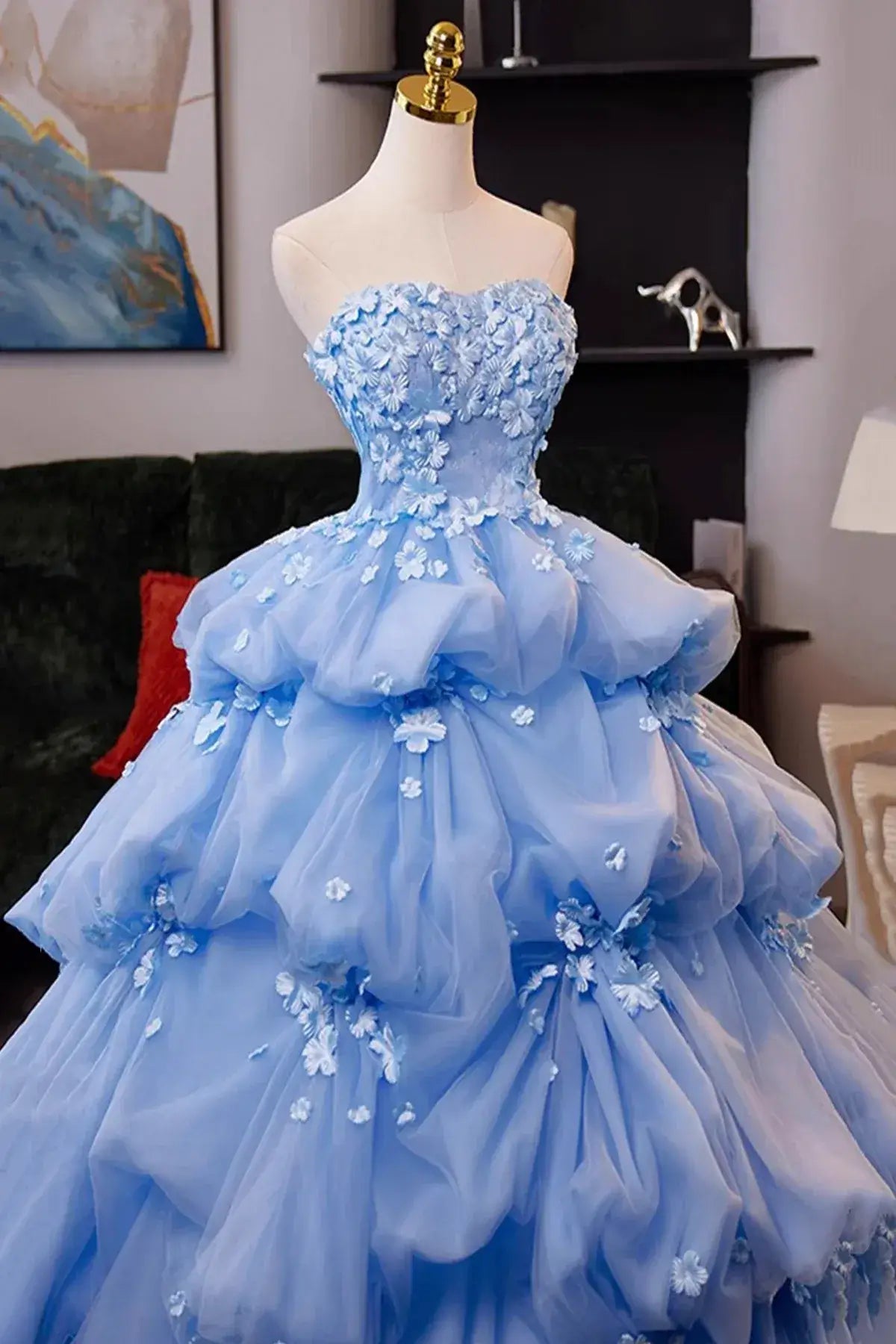 Puffy Flower Tulle Blue Sweet 16 Dress Strapless Ball Gowns