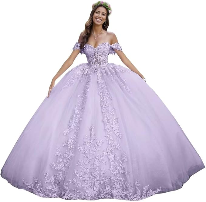 Puffy Lace lilac Quinceanera Dresses Off Shoulder for Sweet 15 16 Dress Mychicdress