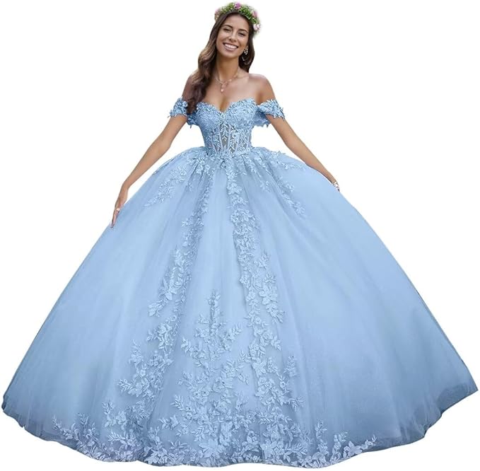 Puffy Lace blue Quinceanera Dresses Off Shoulder for Sweet 15 16 Dress Mychicdress