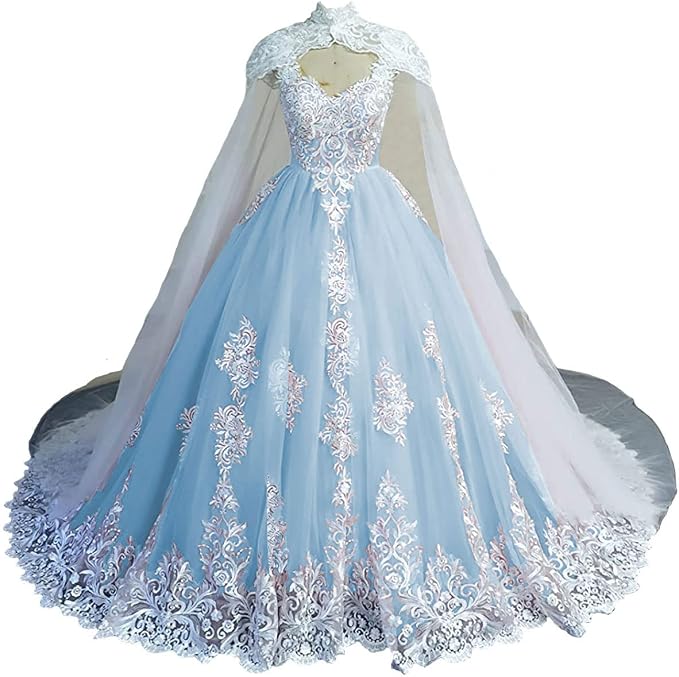 Puffy Lace Quinceanera Dresses with Cape Tulle Off Shoulder Wedding Dress