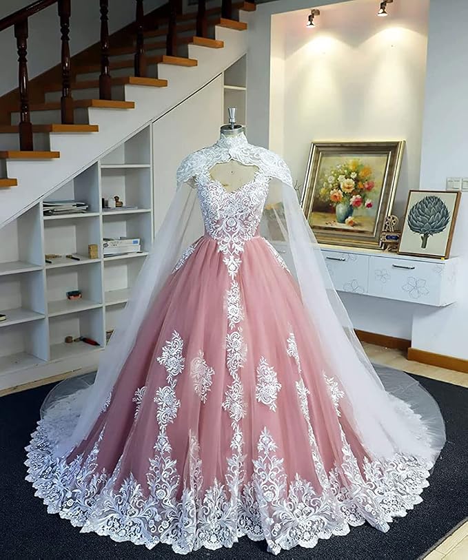 Puffy Lace Quinceanera Dresses with Cape Tulle Off Shoulder Wedding Dress