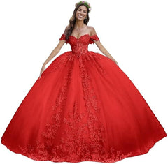 Puffy Lace red Quinceanera Dresses Off Shoulder for Sweet 15 16 Dress Mychicdress