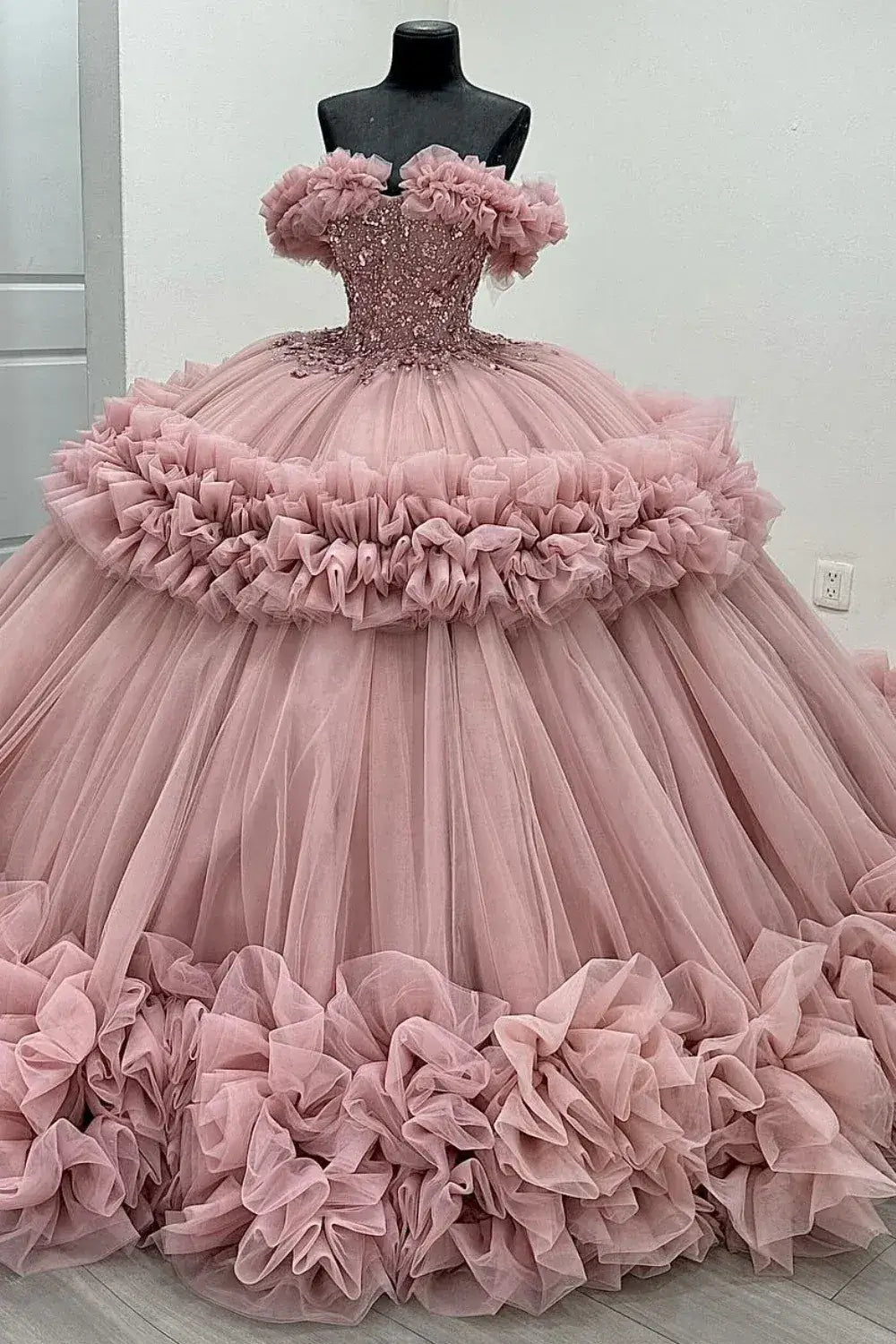 Puffy Pink Ruffled Quinceañera Dress with Sequins Beaded Sweet 15