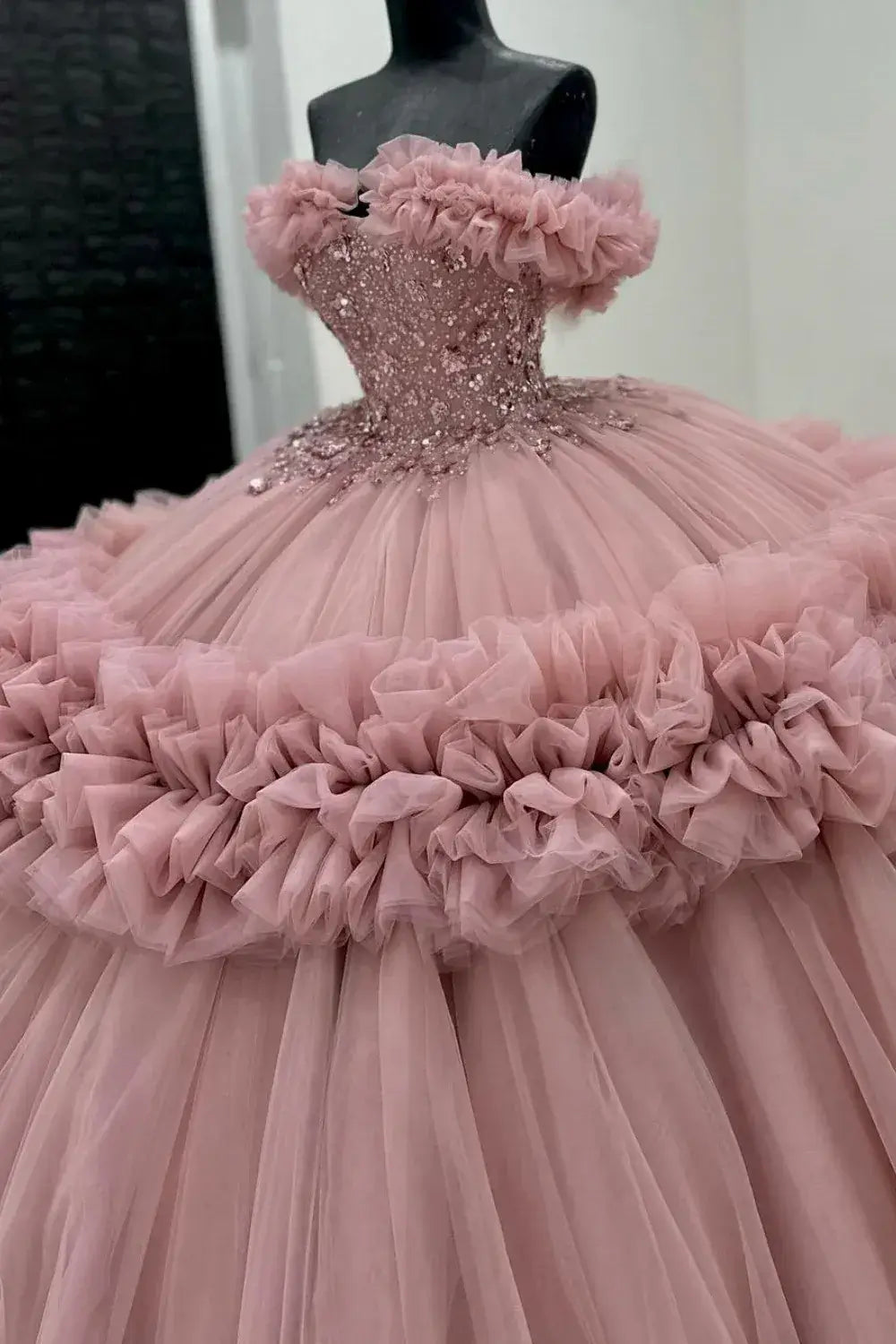 Puffy Pink Ruffled Quinceañera Dress with Sequins Beaded Sweet 15
