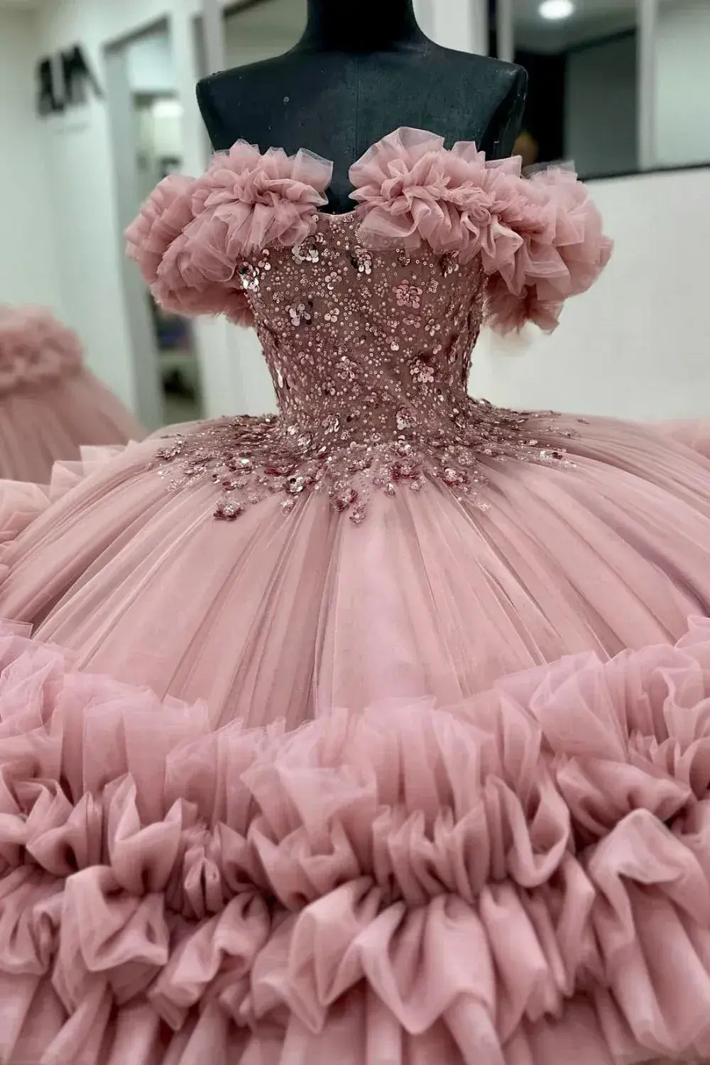 Puffy Pink Ruffled Quinceañera Dress with Sequins Beaded Sweet 15