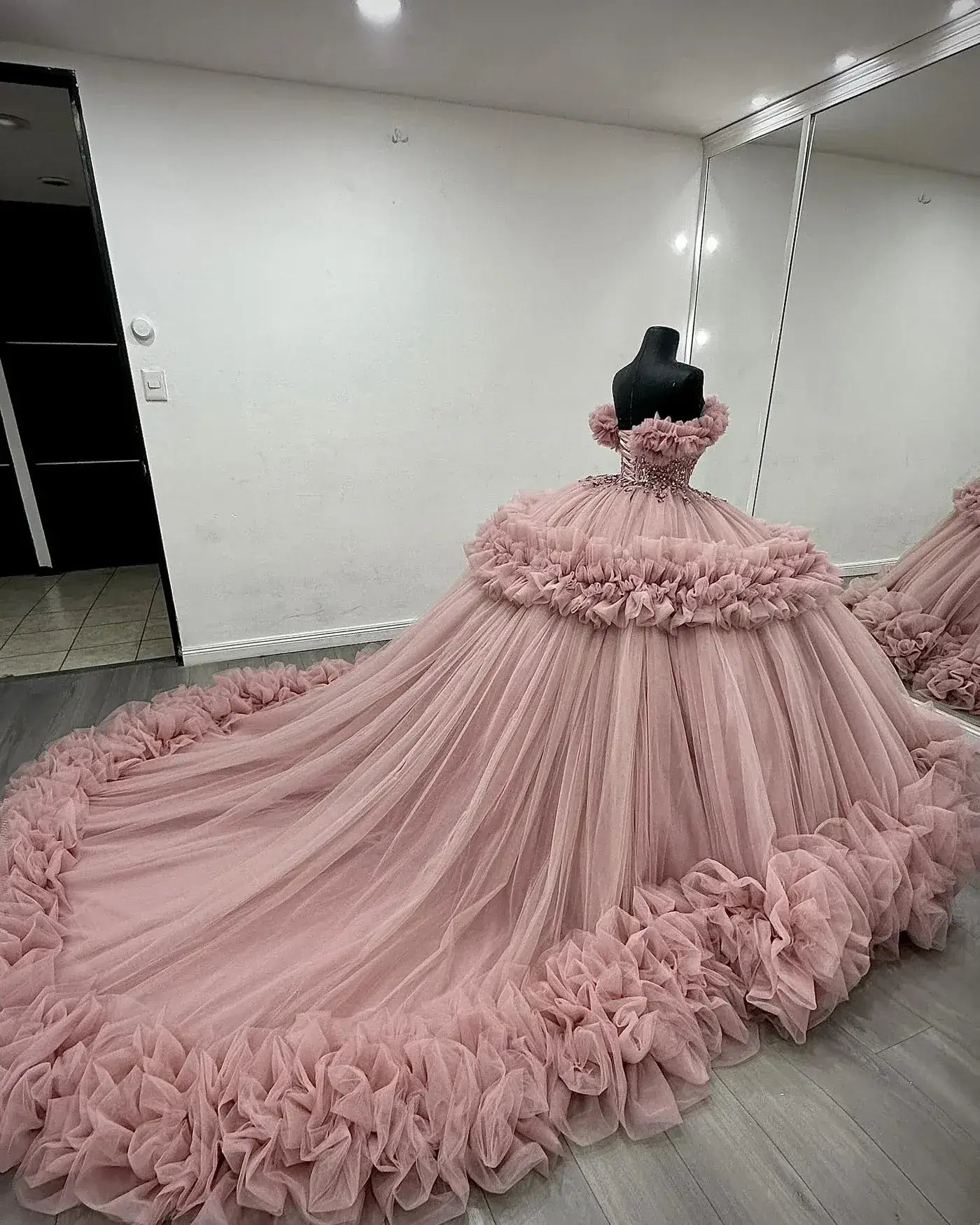 Puffy Pink Ruffled Quinceañera Dress with Sequins Beaded Sweet 15