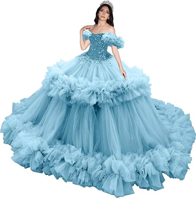 Puffy Pink Ruffled Quinceañera Dress with Sequins Beaded Sweet 15
