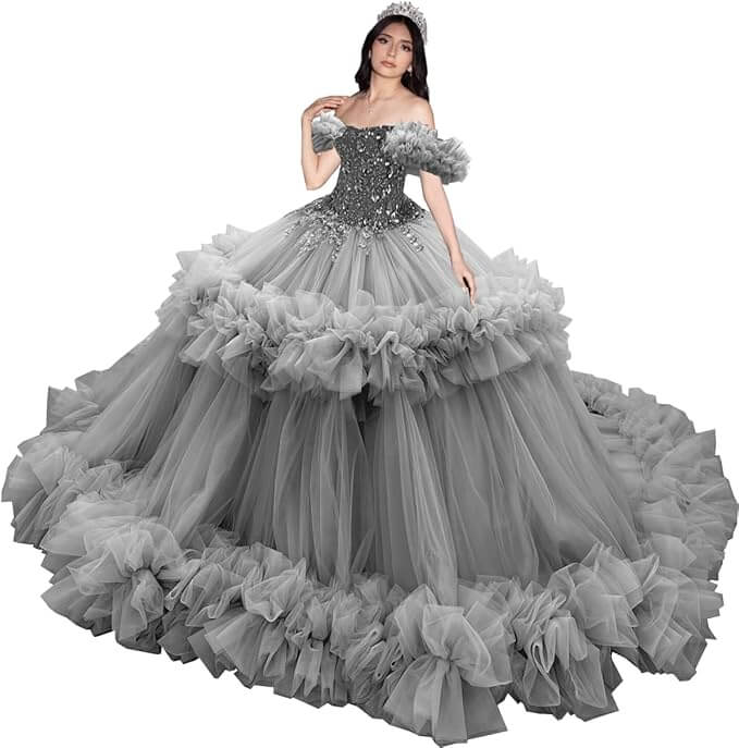 Puffy Pink Ruffled Quinceañera Dress with Sequins Beaded Sweet 15