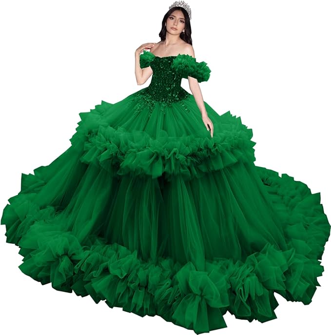 Puffy Pink Ruffled Quinceañera Dress with Sequins Beaded Sweet 15