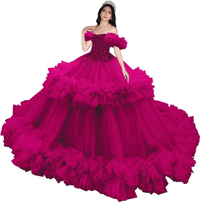 Puffy Pink Ruffled Quinceañera Dress with Sequins Beaded Sweet 15