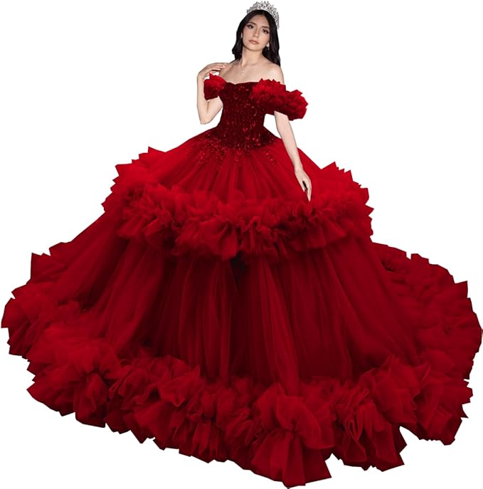 Puffy Pink Ruffled Quinceañera Dress with Sequins Beaded Sweet 15
