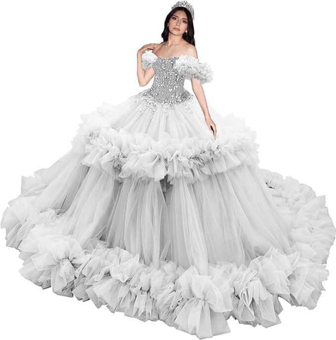 Puffy Pink Ruffled Quinceañera Dress with Sequins Beaded Sweet 15