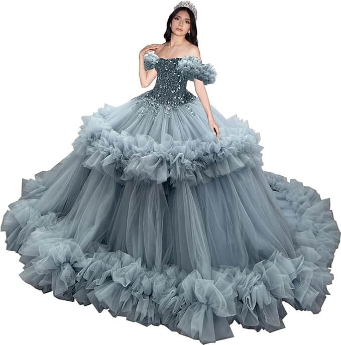 Puffy Pink Ruffled Quinceañera Dress with Sequins Beaded Sweet 15