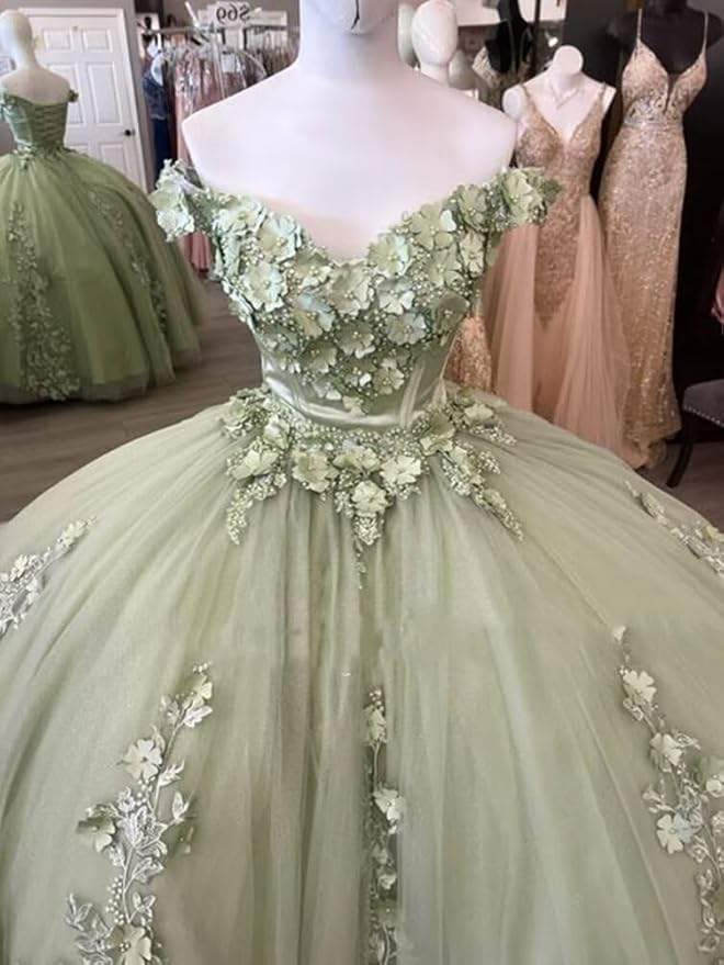 Puffy Sage Green Quinceanera Dresses Vestido de 15 años 3D Floral Mychicdress