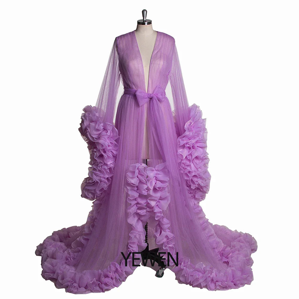 Puffy Pink Tulle Maternity Photo Shoot Women Night Robe Sleepwear Gown