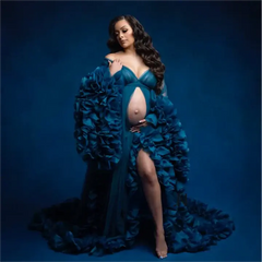 Puffy Pink Tulle Maternity Photo Shoot Women Night Robe Sleepwear Gown