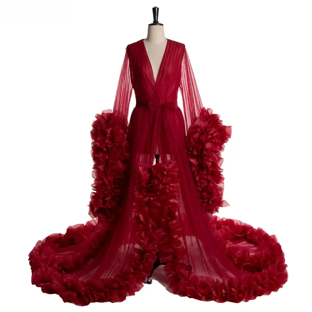 Puffy Pink Tulle Maternity Photo Shoot Women Night Robe Sleepwear Gown