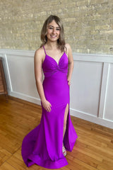 Purple Evening Gown Mermaid Maxi Dress Ruched Spaghetti Strap Mychicdress